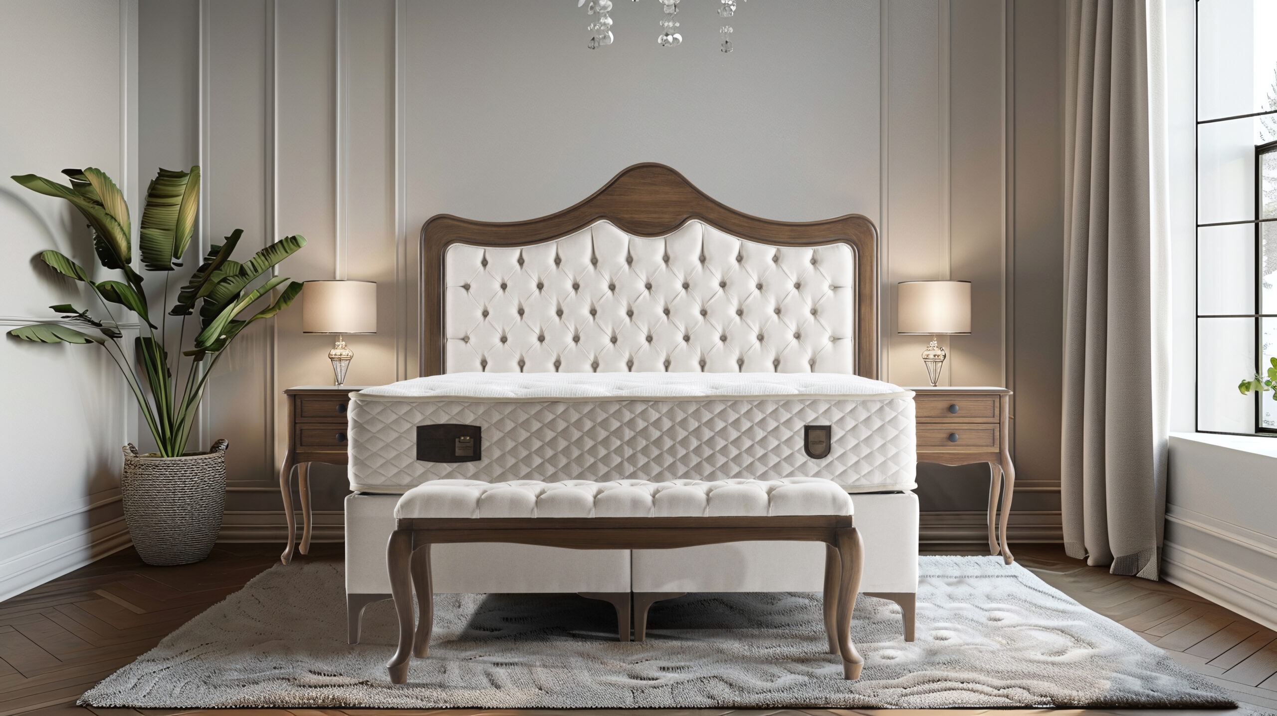 Luxurious living room with a white tufted leather Chesterfield sofa, vintage décor, and a richly textured Persian rug, blending classic elegance with modern comfort.