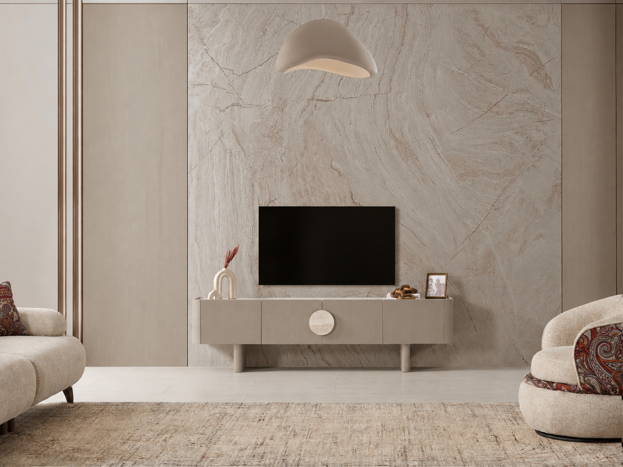 Bej Tonlarda Modern TV Duvarı