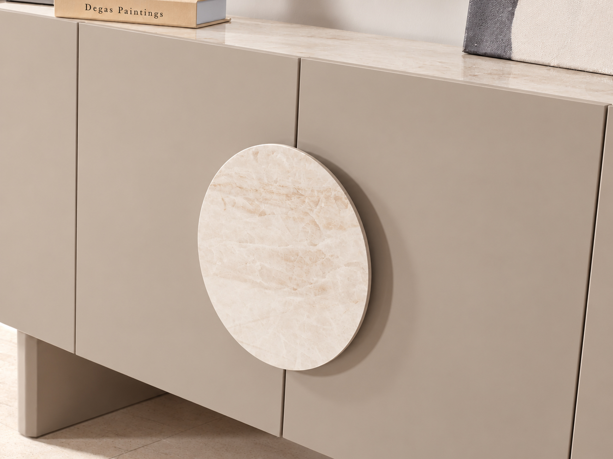 Minimalist Taupe Sideboard with Marble Medallion