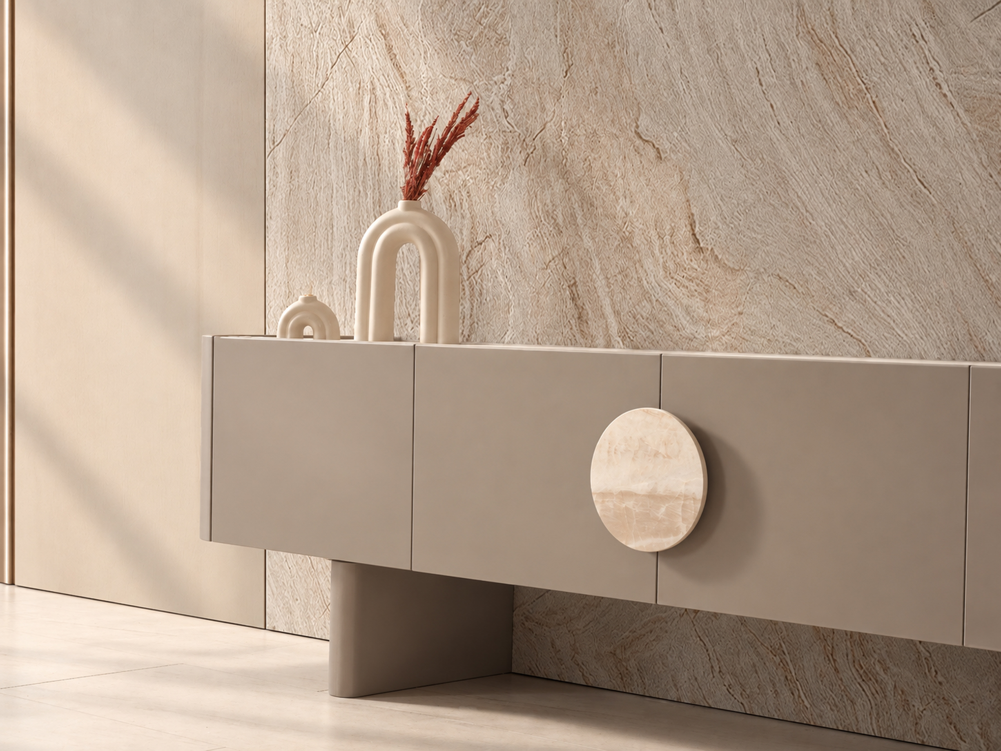 Minimalist Taupe Sideboard with Sculptural Vases